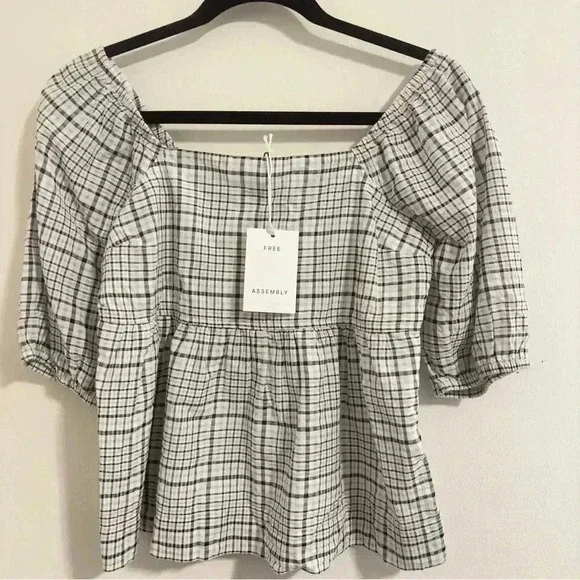 Free Assembly Size XS Ivory Plaid Organic Cotton Women's Puff Sleeve Blouse Top - Picture 6 of 15